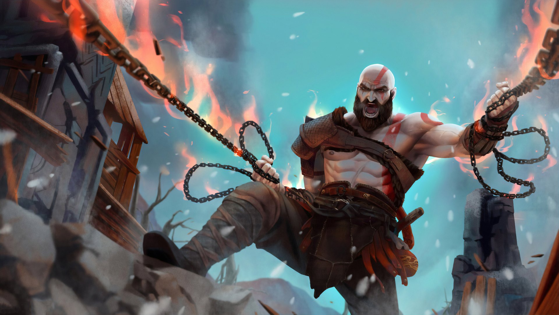 Kratos, the warrior from God of War (2018), is shown in intense action with chains amidst fiery ruins in this 4K Ultra HD PC desktop wallpaper.