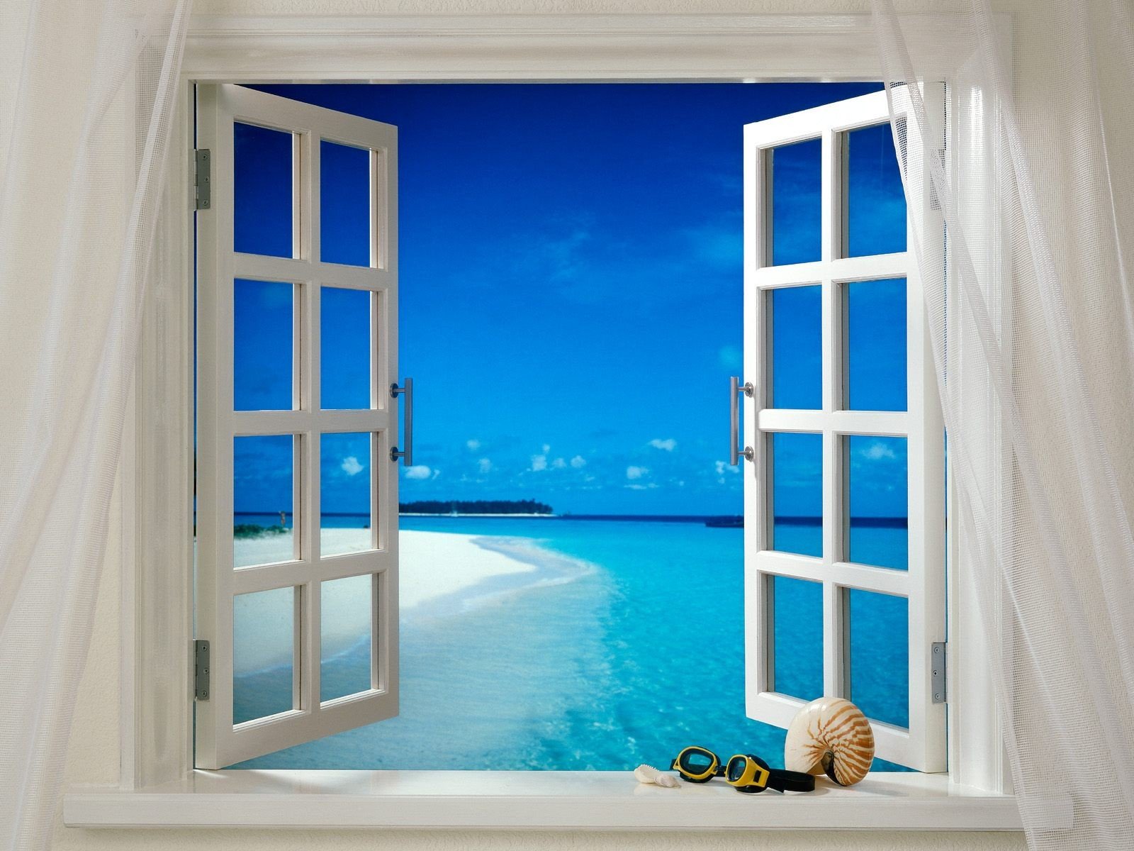 Open window reveals a serene beach and ocean view with goggles and a shell on the windowsill, captured in an HD PC desktop wallpaper showcasing nature's beauty.