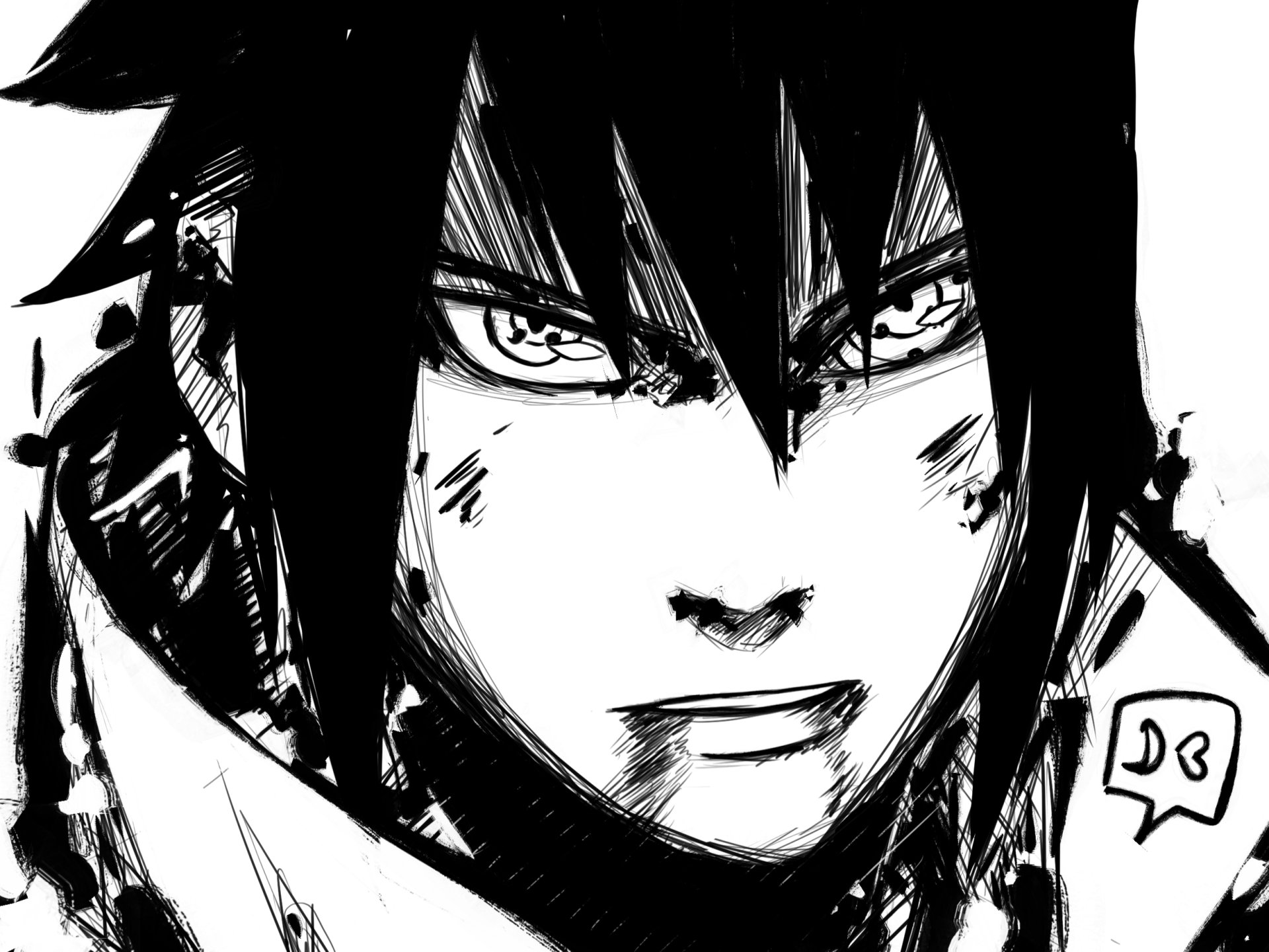 HD PC desktop wallpaper featuring a detailed black-and-white close-up of Sasuke Uchiha from the anime Naruto, highlighting his intense expression and sharp eyes.