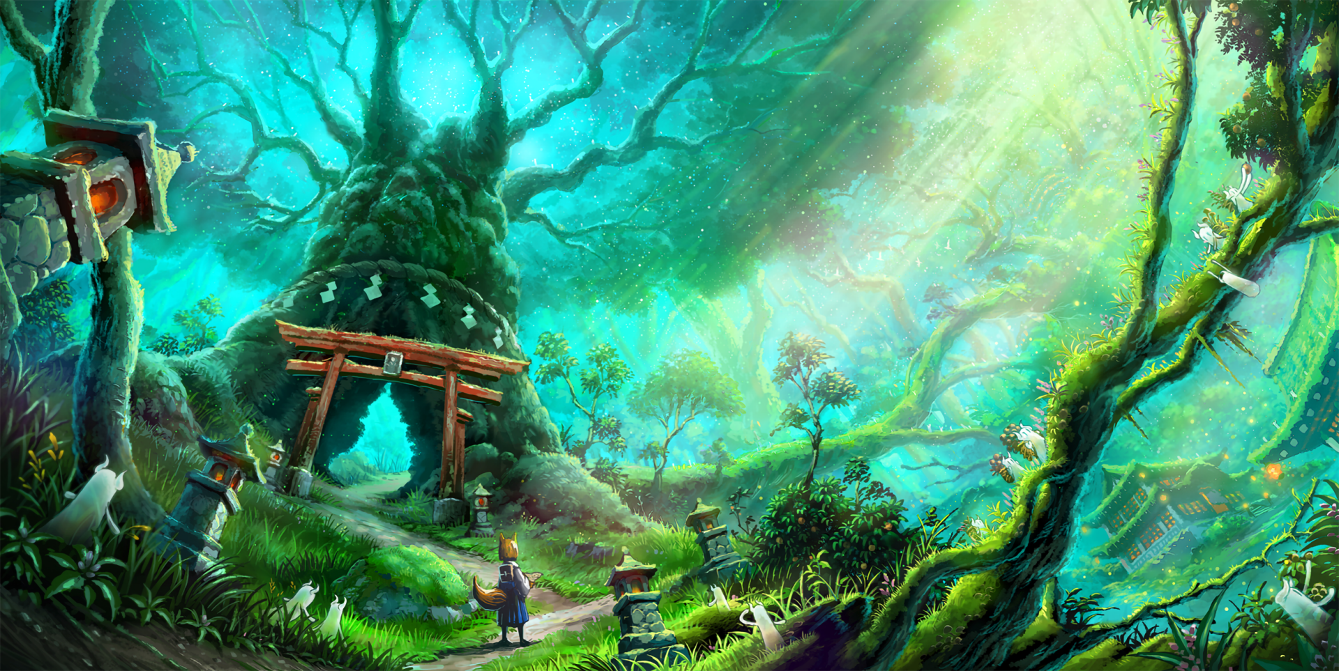 Anime-style HD desktop wallpaper depicting a glowing ancient tree shrine with a red torii gate surrounded by vibrant forest light and mystical atmosphere.