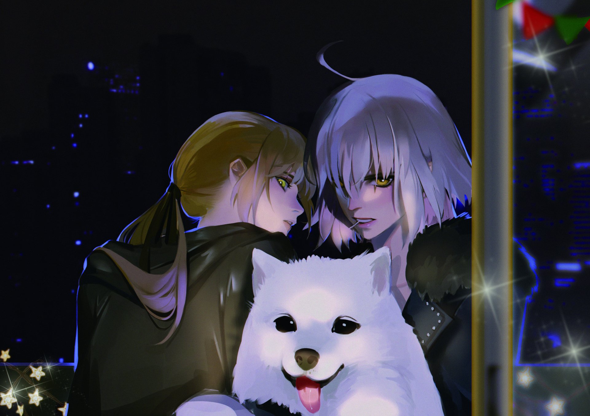 HD anime wallpaper featuring white-haired Saber Alter and blonde Jeanne d'Arc Alter with yellow eyes, accompanied by a white dog from Fate/Grand Order.