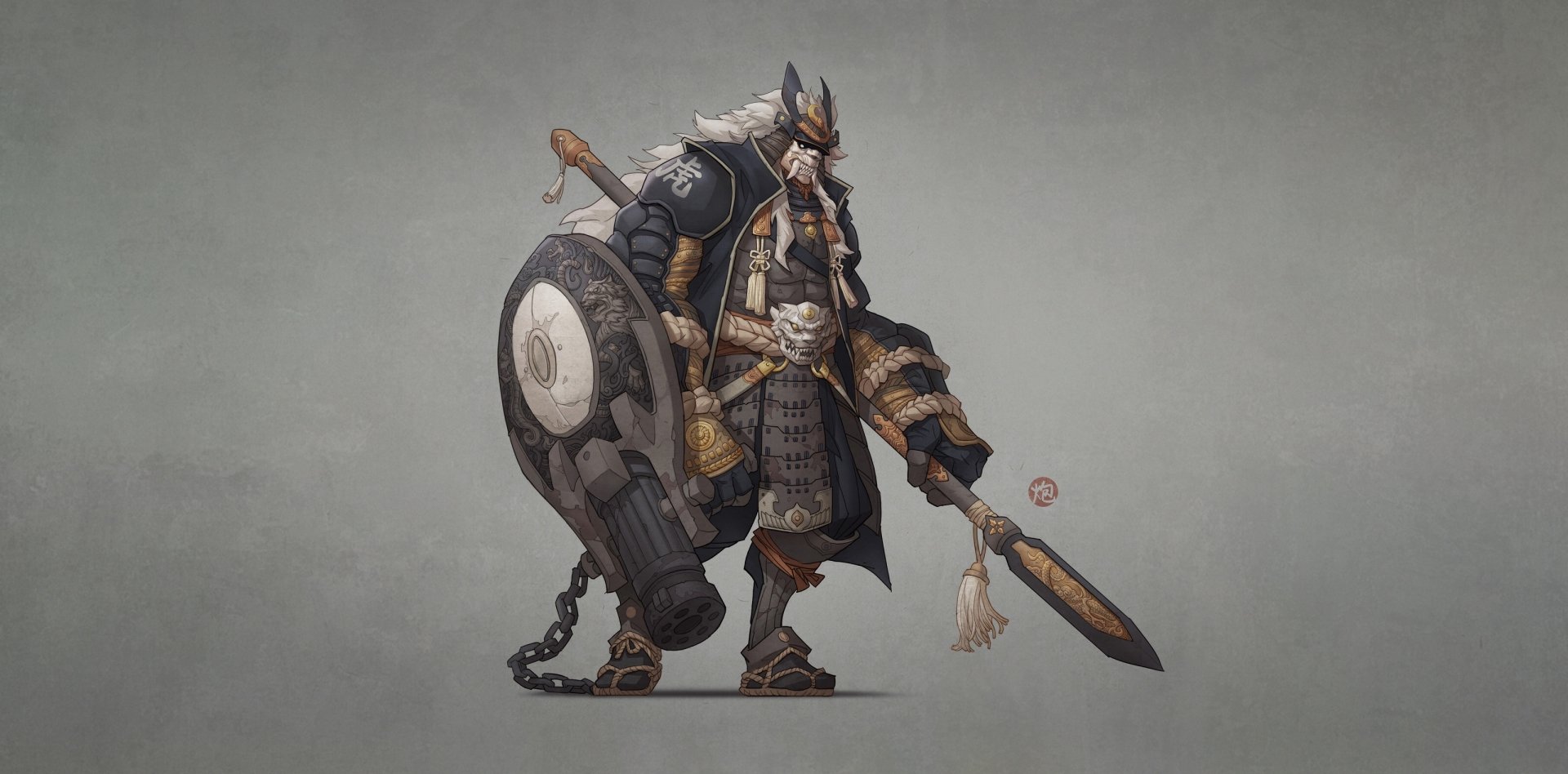 Download Spear Shield Mask Warrior Fantasy Samurai Fantasy Warrior HD Wallpaper by Hua Lu