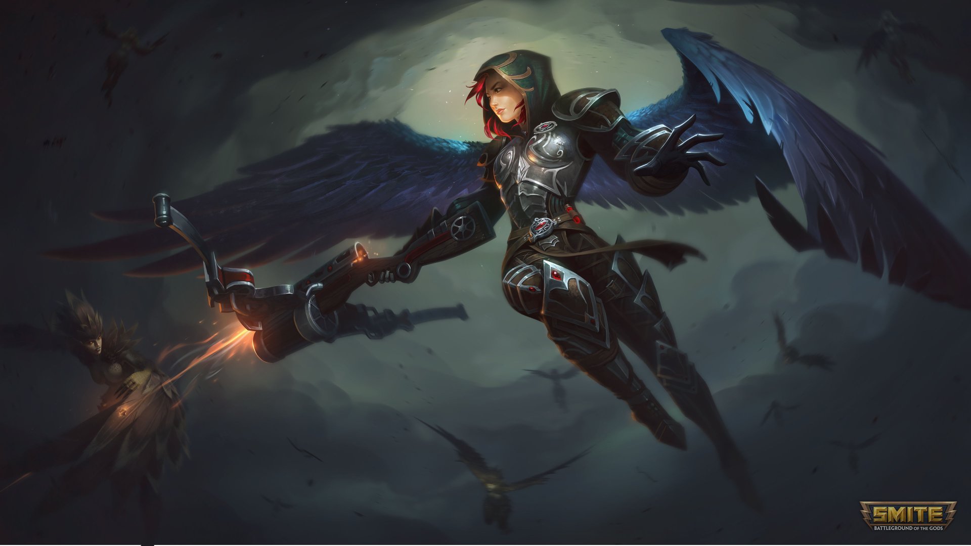 Jing Wei from Smite, a winged woman warrior clad in detailed armor, soars through a stormy sky in this 4K Ultra HD PC desktop wallpaper.