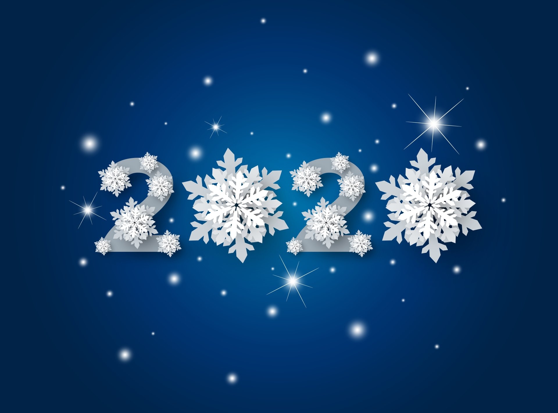 2020 New Year celebration with sparkling snowflakes on a deep blue background, featured as an 8K Ultra HD PC desktop wallpaper and holiday-themed image.