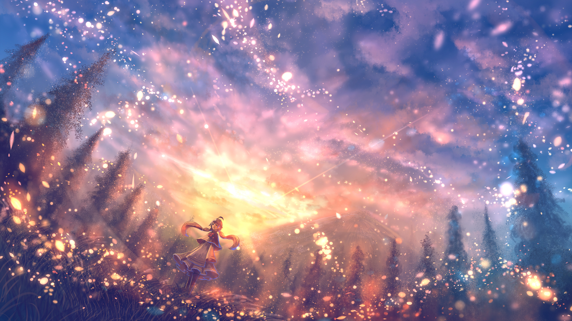 An anime-style scene featuring a girl in a dress with long hair, standing in a forest at sunset with a mountain and clouds in the background. The vibrant colors create a dreamy atmosphere.