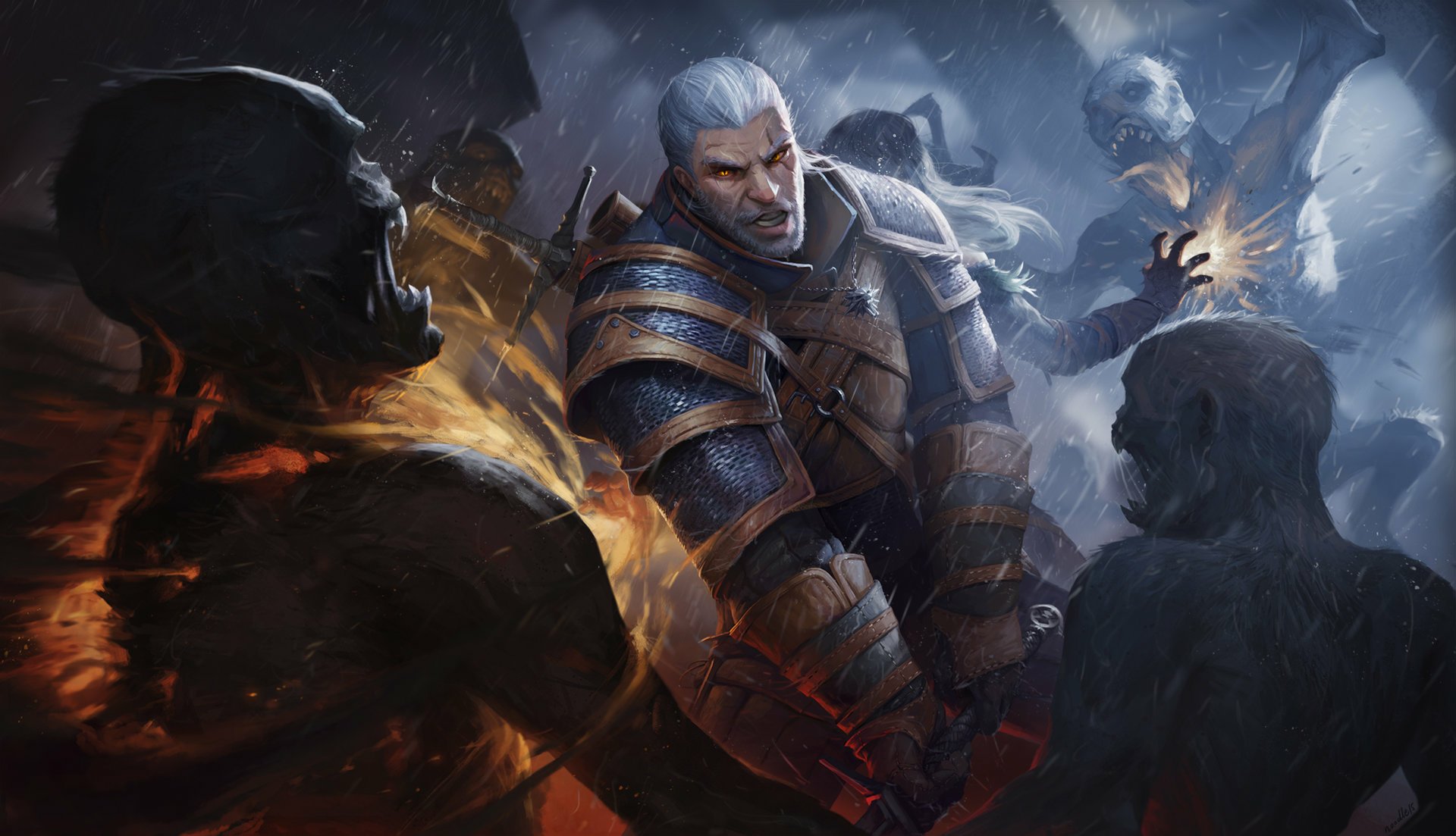 Warrior Geralt of Rivia in armor battles undead and fiery wraiths in a stormy, action-packed HD PC desktop wallpaper from the video game The Witcher 3: Wild Hunt.
