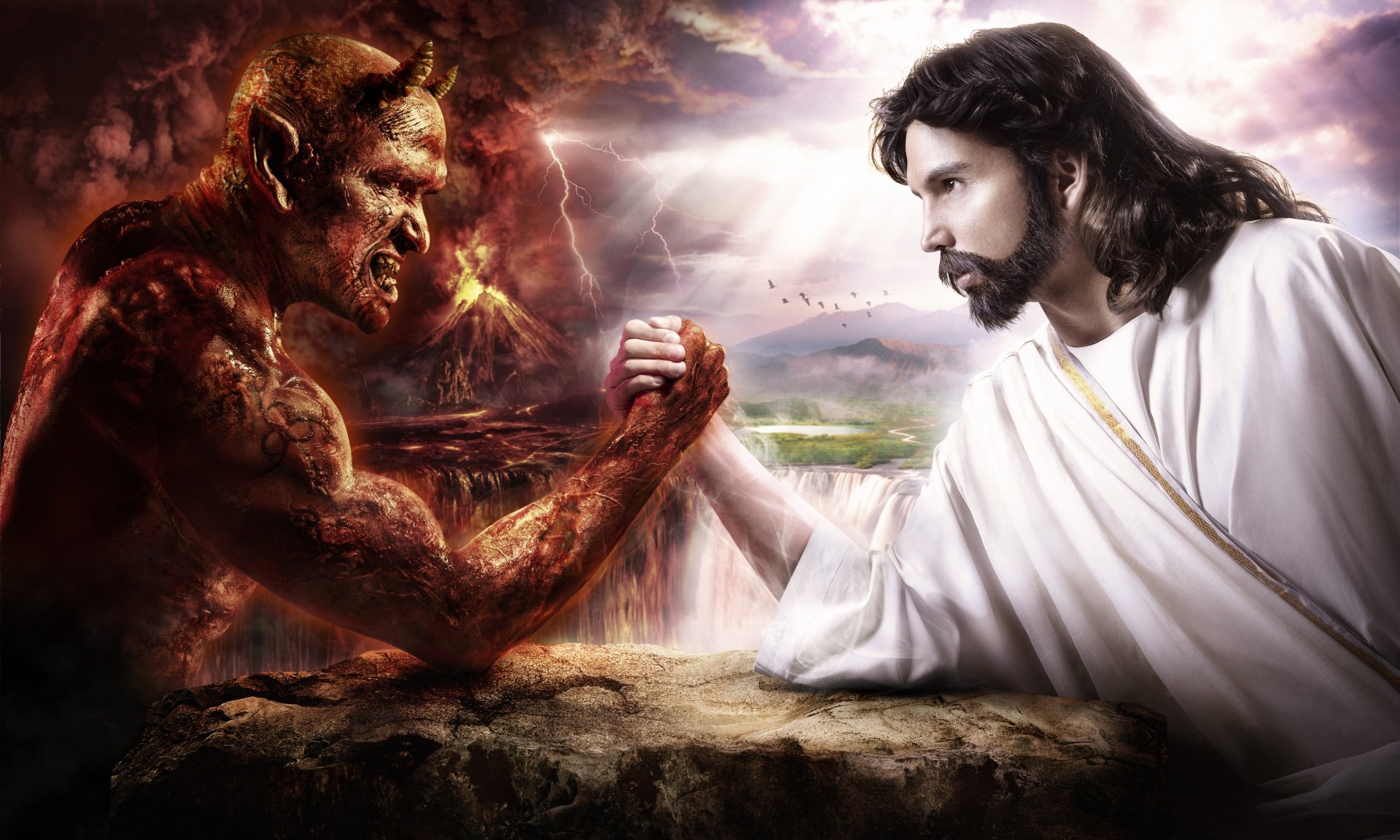 This HD desktop wallpaper portrays a powerful battle between good and evil, depicted by an artistic arm-wrestling match between Jesus and a demonic figure, embodying strong religious symbolism.