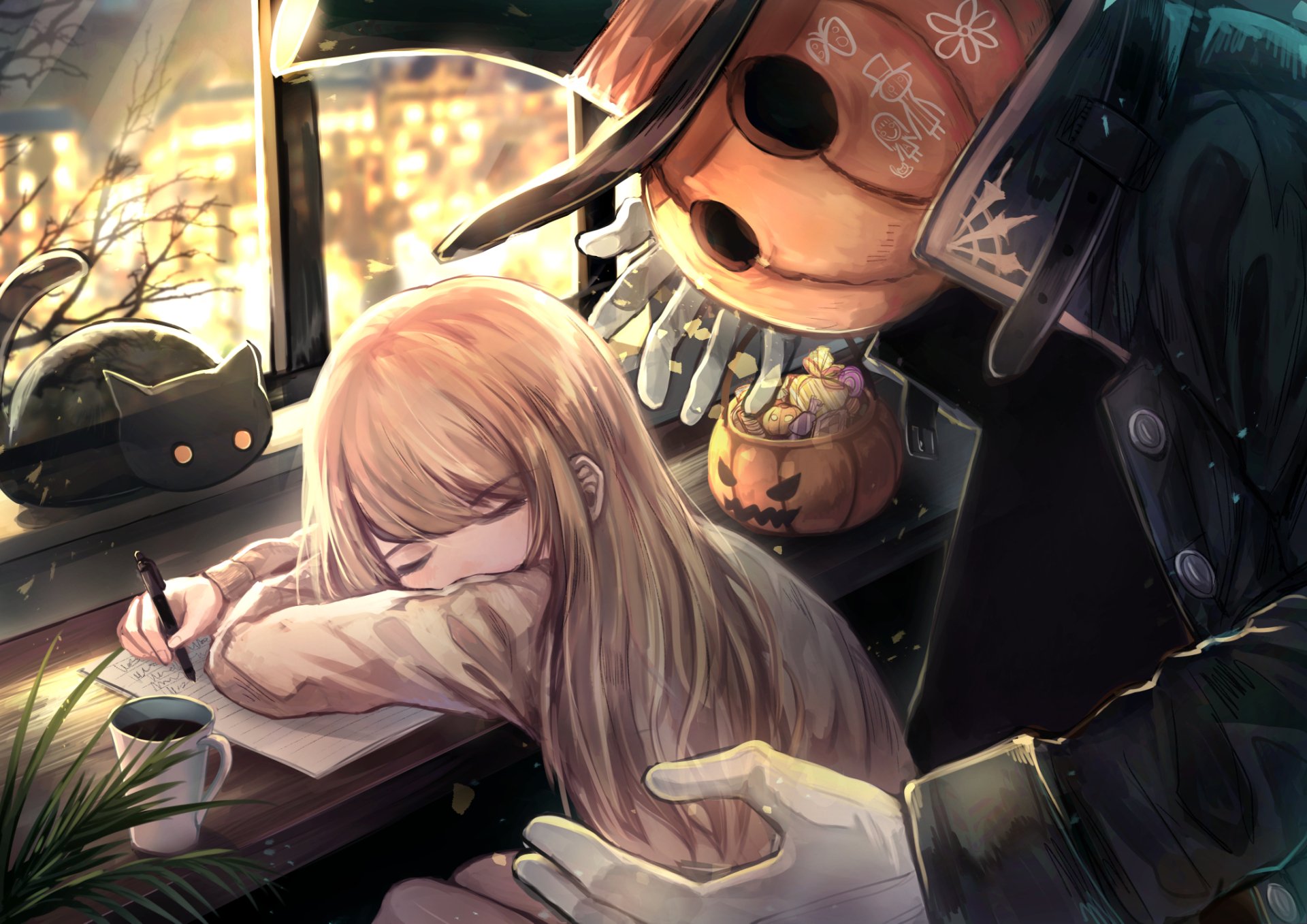 Halloween-themed HD anime wallpaper featuring a girl asleep while writing, with a masked figure and Halloween decorations in the background. Tags: Halloween, Anime, Original.