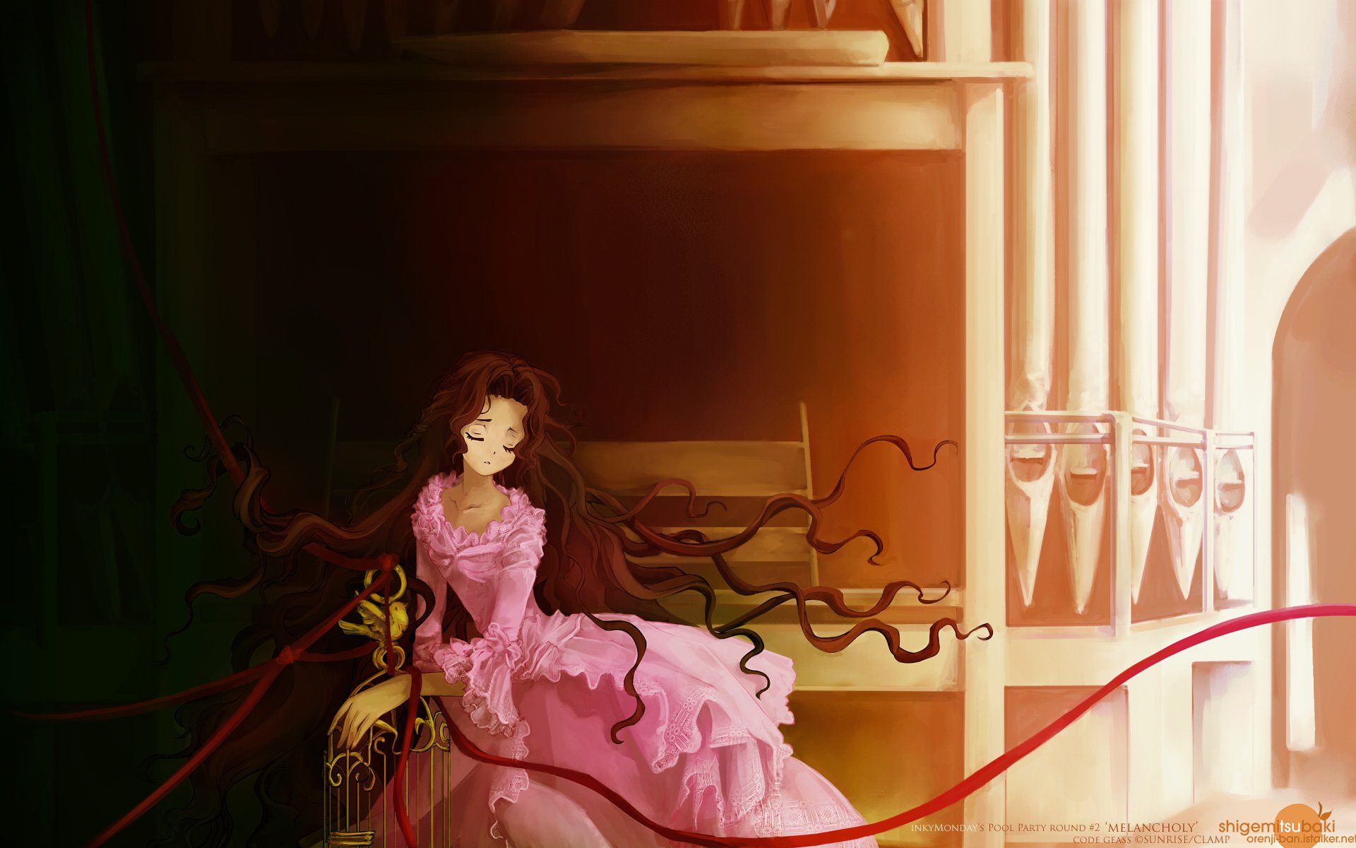 HD PC desktop wallpaper featuring Nunnally Lamperouge from the anime Code Geass, depicted in a flowing pink dress with a warm, softly lit background.