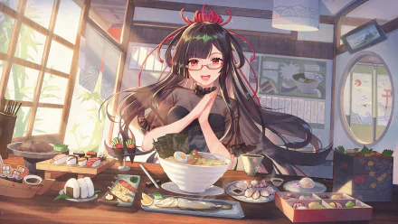 Anime-style artwork of a long black-haired character with red eyes enjoying a spread of sushi and ramen in a bright, cozy kitchen setting.