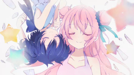 HD desktop wallpaper featuring Satō Matsuzaka and Shio Kōbe from the anime Happy Sugar Life. The characters are depicted with soft pastel colors, serene expressions, and surrounded by floating stars.