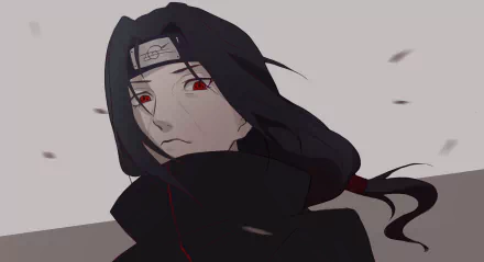 Itachi Uchiha from Naruto depicted in a 4K Ultra HD anime-style PC desktop wallpaper with his signature red Sharingan eyes and flowing dark hair.