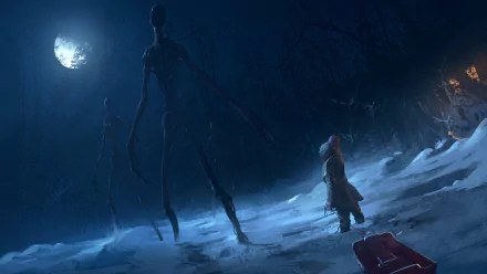 A Sci-Fi HD desktop wallpaper showing a night scene with a child encountering a tall, slender alien creature in a snowy forest under the moonlight.
