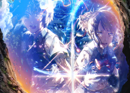 HD anime desktop wallpaper featuring Taki Tachibana and Mitsuha Miyamizu from Your Name. with vibrant colors and dynamic light effects.