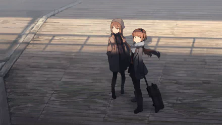 HD anime desktop wallpaper featuring two original characters with long brown hair standing on a sunlit pavement, one pulling a suitcase.