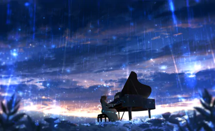 An anime-inspired HD desktop wallpaper featuring a person playing a piano under rain, set against a serene evening sky with stars. The scene emanates a musical and tranquil ambiance.