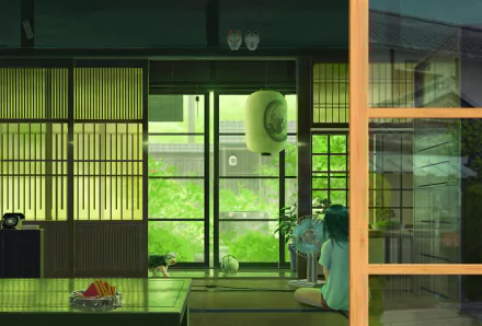 Anime-style room with traditional Japanese sliding doors and a large window overlooking a garden. A person with blue hair sits on the floor, a dog is present, and masks adorn the walls. HD desktop wallpaper.