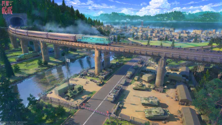 Anime HD wallpaper of a scenic cityscape featuring a river, bridge, train, and military tanks near a road, with lush greenery and mountains in the background.