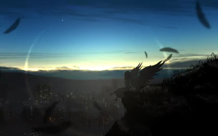 A high-definition anime wallpaper featuring an angel with wings, perched on a cliff against a backdrop of a dusky sky and a cityscape below.