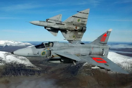 HD desktop wallpaper featuring two Saab 37 Viggen aircraft from the Swedish military flying over a mountainous landscape.