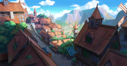 HD anime-style image of a quaint village with red-roofed buildings, nestled between lush green hills and mountains, under a bright blue sky.