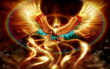 HD fantasy desktop wallpaper featuring a glowing, majestic phoenix with outstretched wings and vibrant, fiery colors against a dark background.