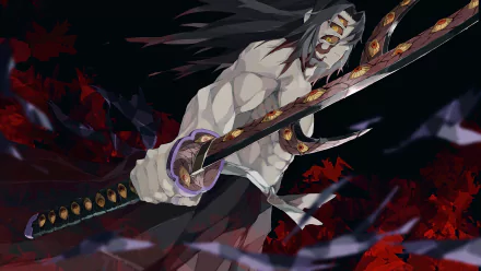 HD desktop wallpaper featuring Kokushibo from Demon Slayer: Kimetsu no Yaiba, showcasing his intense stance and intricate sword in an atmospheric background with dark and red hues.
