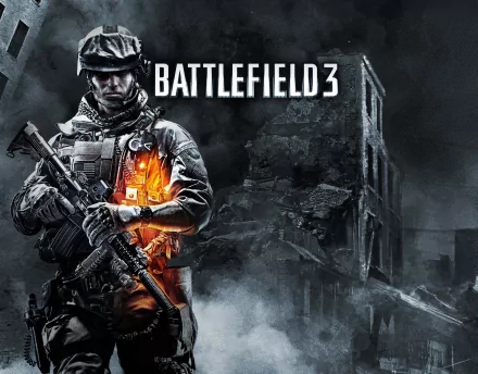 HD wallpaper for Battlefield 3 featuring a soldier in tactical gear, emphasizing action and intensity against a backdrop of a destroyed urban environment.