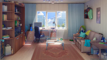 HD anime-style room interior featuring a cozy sofa, desk with PC setup, bookshelf, and large window, designed as a vibrant desktop wallpaper and background.