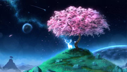 Anime-style HD wallpaper featuring a starry sky with a shooting star, a planet, and a pink-blossomed tree atop a grassy hill, with a glowing deer standing beneath the tree.