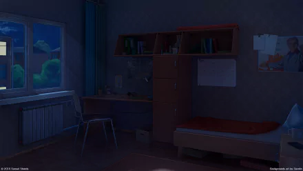 Anime-style bedroom at night featuring a desk, chair, bed, and shelves, illuminated by soft moonlight through the window, designed as an HD PC desktop wallpaper.