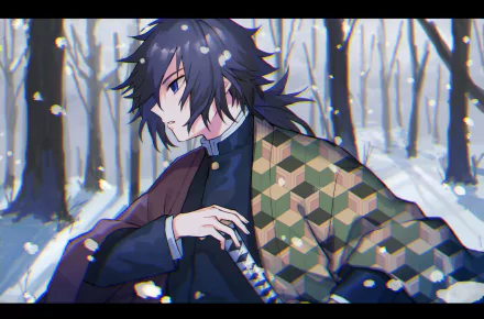 HD anime desktop wallpaper featuring Giyuu Tomioka from Demon Slayer: Kimetsu no Yaiba standing in a snowy forest with falling snowflakes and a contemplative expression.