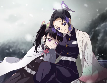 Kanao Tsuyuri and Shinobu Kochou from the anime Demon Slayer: Kimetsu no Yaiba share a warm moment in this vibrant HD desktop wallpaper, showcasing their bond against a serene backdrop.