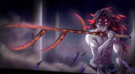 HD desktop wallpaper of Kokushibo from Demon Slayer: Kimetsu no Yaiba, showcasing an intense scene with him wielding his massive sword against a dark, mystical background.