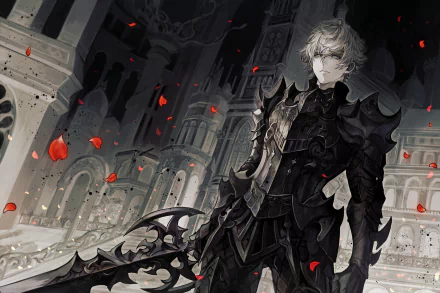 A grey-haired anime warrior with grey eyes stands in dark, intricate armor, holding a large sword. The background depicts a grand, gothic architecture with red petals floating around. HD desktop wallpaper.