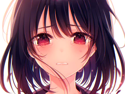 Anime-style HD desktop wallpaper featuring a close-up of an original character with black hair and red eyes filled with tears.
