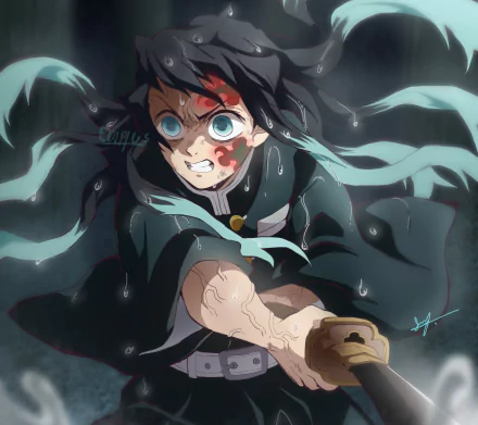 HD anime desktop wallpaper featuring Muichiro Tokito from Demon Slayer: Kimetsu no Yaiba with intense expression and dynamic action pose.