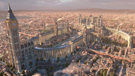 HD wallpaper depicting a fantasy cityscape with intricately designed buildings and a grand architectural layout, capturing a captivating fusion of past and futuristic elements.