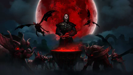 HD PC desktop wallpaper from the video game Gwent: The Witcher Card Game, featuring a dark figure casting a red spell under a blood-red moon, surrounded by menacing creatures.