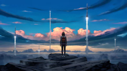 sky rocket cloud landscape Sci Fi woman HD Desktop Wallpaper | Background Image