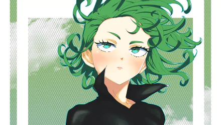 HD PC desktop wallpaper featuring Tatsumaki from the anime One-Punch Man, showcasing her with flowing green hair and a determined expression.
