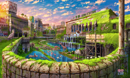 HD desktop wallpaper featuring a vibrant, post-apocalyptic anime scene with lush greenery and overgrown buildings, creating a blend of urban and natural elements under a clear, partly cloudy sky.