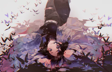 HD wallpaper featuring Shinobu Kochou from Demon Slayer: Kimetsu no Yaiba surrounded by fluttering butterfly designs.