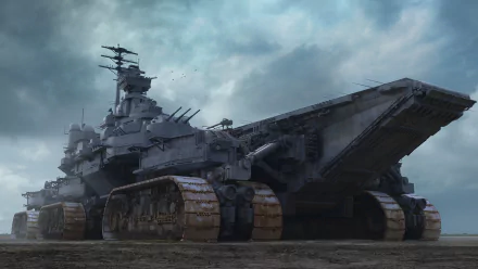 Futuristic military aircraft carrier with tank tracks and UAVs, set against a dramatic sky, depicted in HD as a sci-fi desktop wallpaper background.