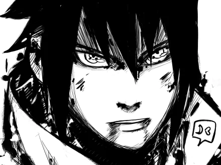 HD PC desktop wallpaper featuring a detailed black-and-white close-up of Sasuke Uchiha from the anime Naruto, highlighting his intense expression and sharp eyes.
