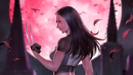 X-23 from X-Men comic in a striking pose with extended claws against a vivid pink sky, 4K Ultra HD PC desktop wallpaper and background.