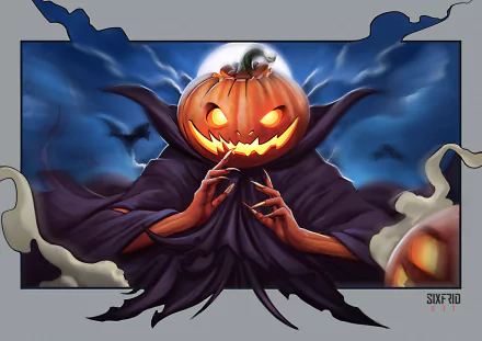 HD PC desktop wallpaper featuring a sinister jack-o'-lantern with glowing eyes and mouth, cloaked in dark robes against a spooky Halloween night sky.