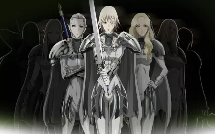 Anime-inspired HD desktop wallpaper featuring characters from Claymore, showcasing fierce warriors in armor standing confidently with swords and a dramatic dark background.