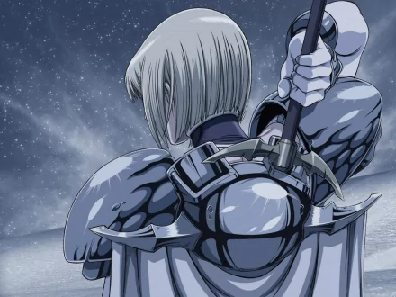 A stunning HD wallpaper featuring an anime character from Claymore, showcasing intricate armor and a fierce expression, set against a dramatic, starry background.