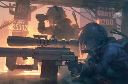 HD desktop wallpaper featuring M200 from the video game Girls Frontline. The scene shows M200 in an intense sniping position with a detailed background.